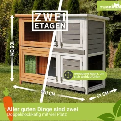 MyAnimal Hasenstall MH-20, 2-stöckig, wetterfest, Kaninchenstall mit 4 Türen, imprägniertes Holz (Braun)