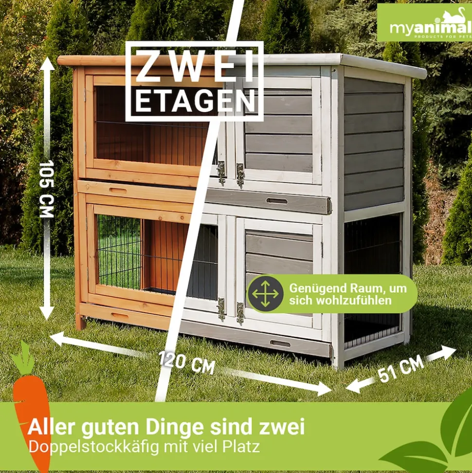 MyAnimal Hasenstall MH-20, 2-stöckig, wetterfest, Kaninchenstall mit 4 Türen, imprägniertes Holz (Braun)