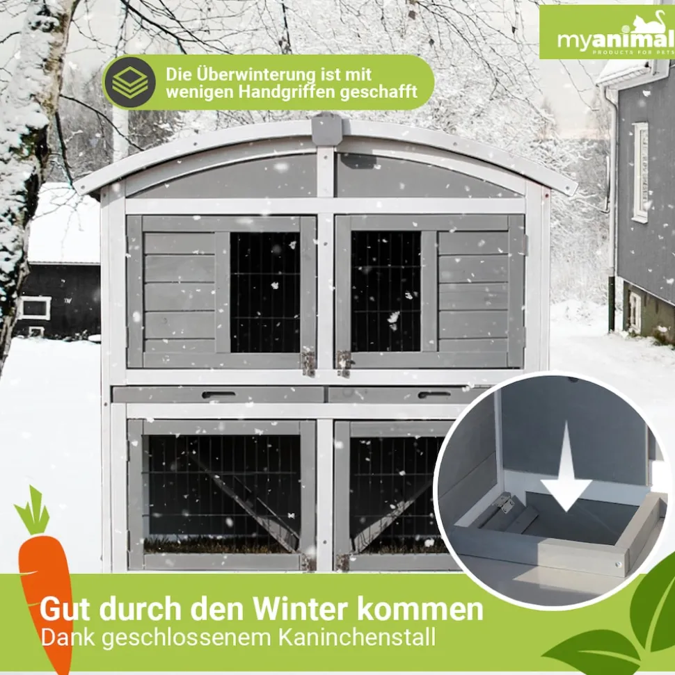 MyAnimal Hasenstall MH-33, 2-stöckig, Bogendach aufklappbar, wetterfester Kaninchenstall, Holz, Grau
