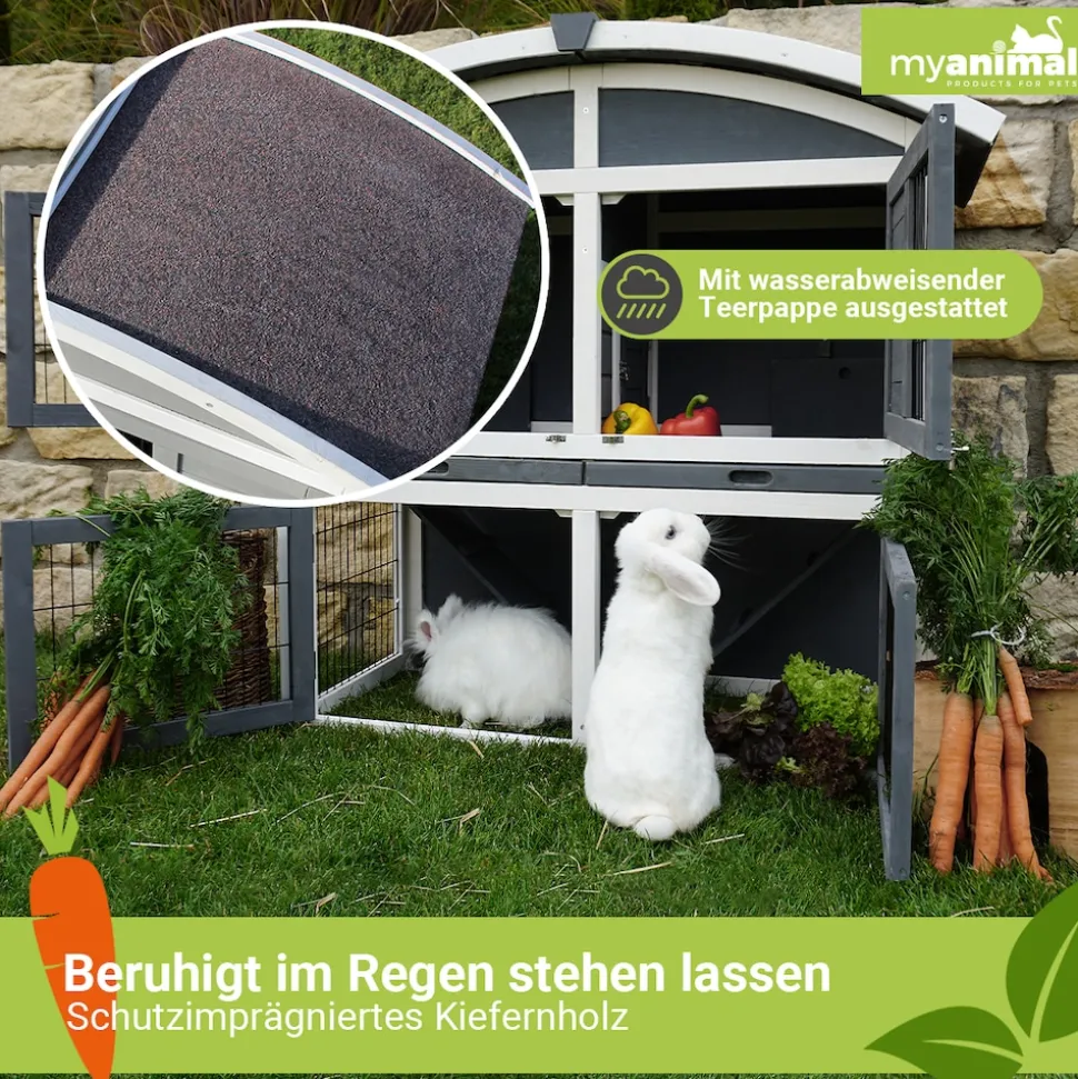 MyAnimal Hasenstall MH-33, 2-stöckig, Bogendach aufklappbar, wetterfester Kaninchenstall, Holz, Grau