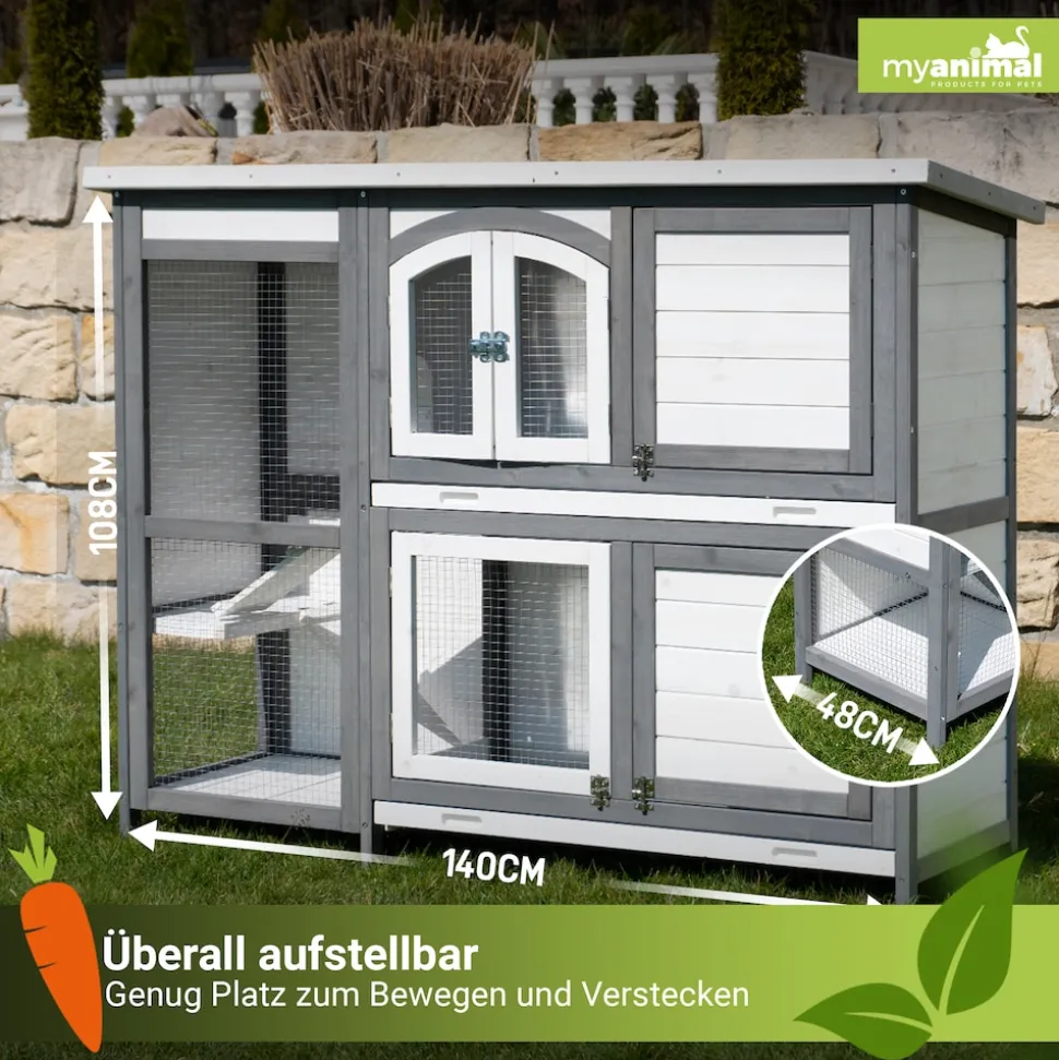 MyAnimal Hasenstall zweistöckig MH-02, Doppelstockkäfig, Kiefernholz, einfache Reinigung, wetterfest (Grau/Weiß)