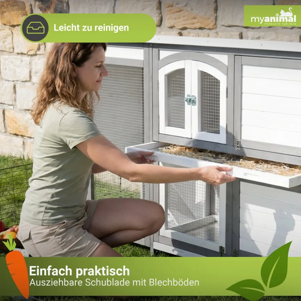 MyAnimal Hasenstall zweistöckig MH-02, Doppelstockkäfig, Kiefernholz, einfache Reinigung, wetterfest (Grau/Weiß)