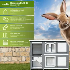 MyAnimal Hasenstall zweistöckig MH-02, Doppelstockkäfig, Kiefernholz, einfache Reinigung, wetterfest (Grau/Weiß)