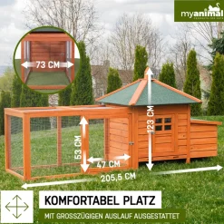 MyAnimal Hühnerstall für 3 Hühner MH-19 mit Auslauf, Hühnerhaus wetterfest imprägniert, Nistkasten (Braun 2.0)