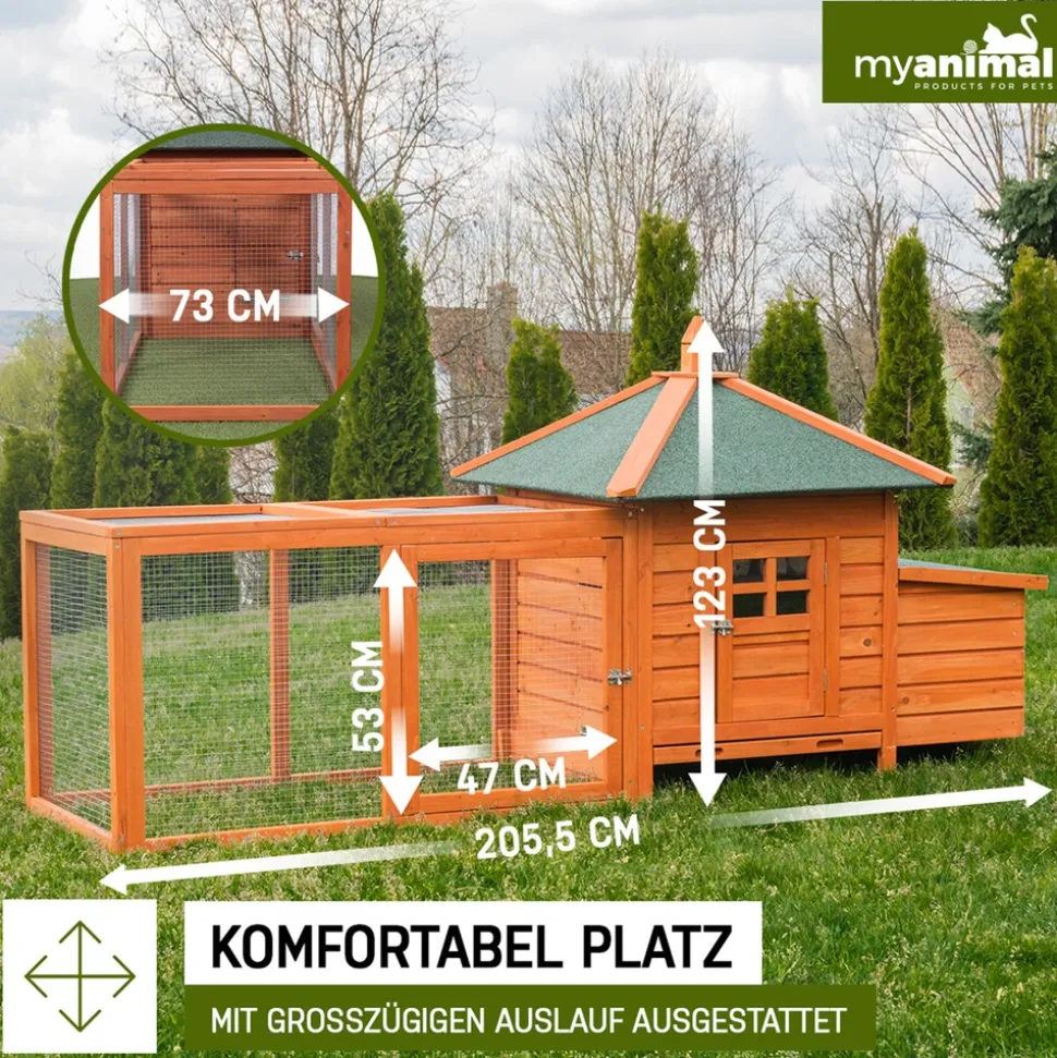 MyAnimal Hühnerstall für 3 Hühner MH-19 mit Auslauf, Hühnerhaus wetterfest imprägniert, Nistkasten (Braun 2.0)