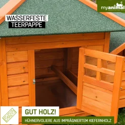 MyAnimal Hühnerstall für 3 Hühner MH-19 mit Auslauf, Hühnerhaus wetterfest imprägniert, Nistkasten (Braun 2.0)