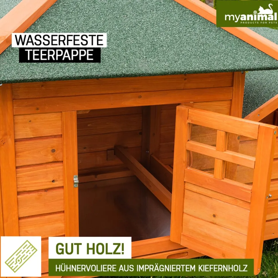 MyAnimal Hühnerstall für 3 Hühner MH-19 mit Auslauf, Hühnerhaus wetterfest imprägniert, Nistkasten (Braun 2.0)