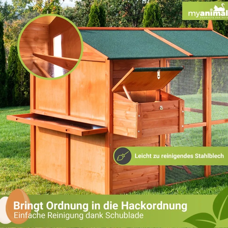 MyAnimal Hühnerstall groß für 7 Hühner MH-15, Hühnerhaus auf 2 qm², mit Auslauf, separates Legenest (Braun)