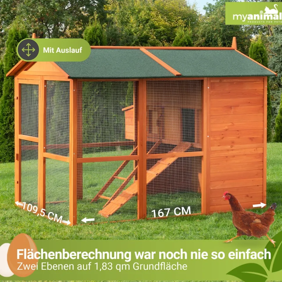 MyAnimal Hühnerstall groß für 7 Hühner MH-15, Hühnerhaus auf 2 qm², mit Auslauf, separates Legenest (Braun)
