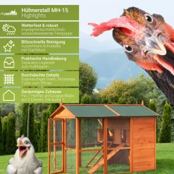 MyAnimal Hühnerstall groß für 7 Hühner MH-15, Hühnerhaus auf 2 qm², mit Auslauf, separates Legenest (Braun)