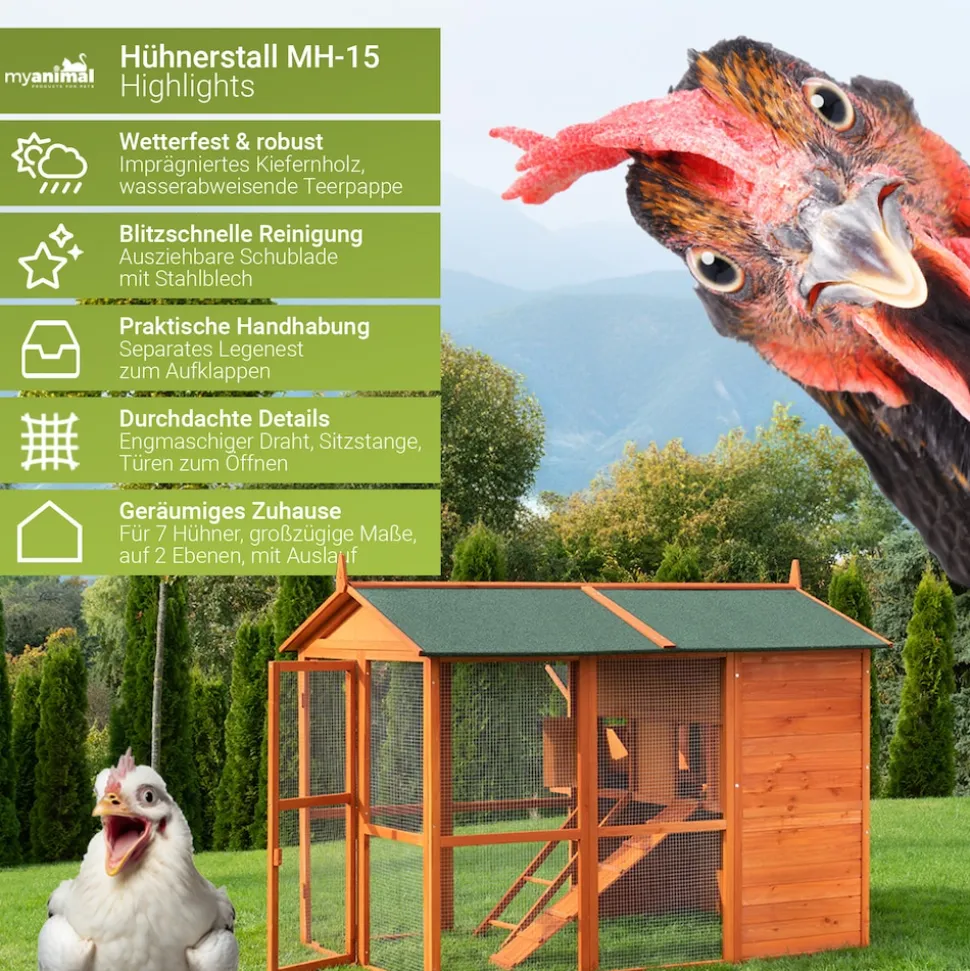 MyAnimal Hühnerstall groß für 7 Hühner MH-15, Hühnerhaus auf 2 qm², mit Auslauf, separates Legenest (Braun)