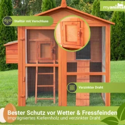 MyAnimal Hühnerstall groß für 7 Hühner MH-15, Hühnerhaus auf 2 qm², mit Auslauf, separates Legenest (Braun)