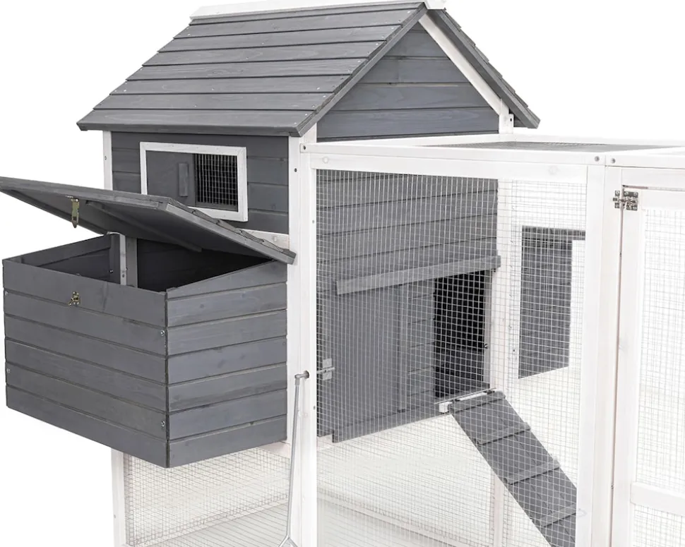 MyAnimal Hühnerstall XXL für 8 Hühner MH-22, Hühnerhaus mit zwei Nistkästen, Auslauf, zwei Ebenen (Grau/Weiß 2.0)