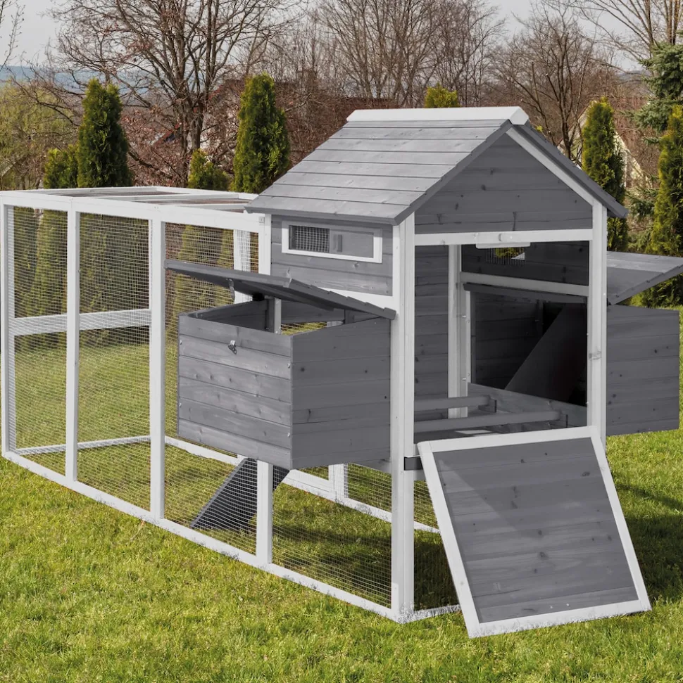 MyAnimal Hühnerstall XXL für 8 Hühner MH-22, Hühnerhaus mit zwei Nistkästen, Auslauf, zwei Ebenen (Grau/Weiß 2.0)