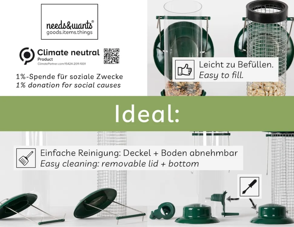 needs&wants® 2er Set: Vogelfutterspender zum Aufhängen Metall Edelstahl Kunststoff, Vogelfutterstation klein Futterstation Vögel Wildvögel
