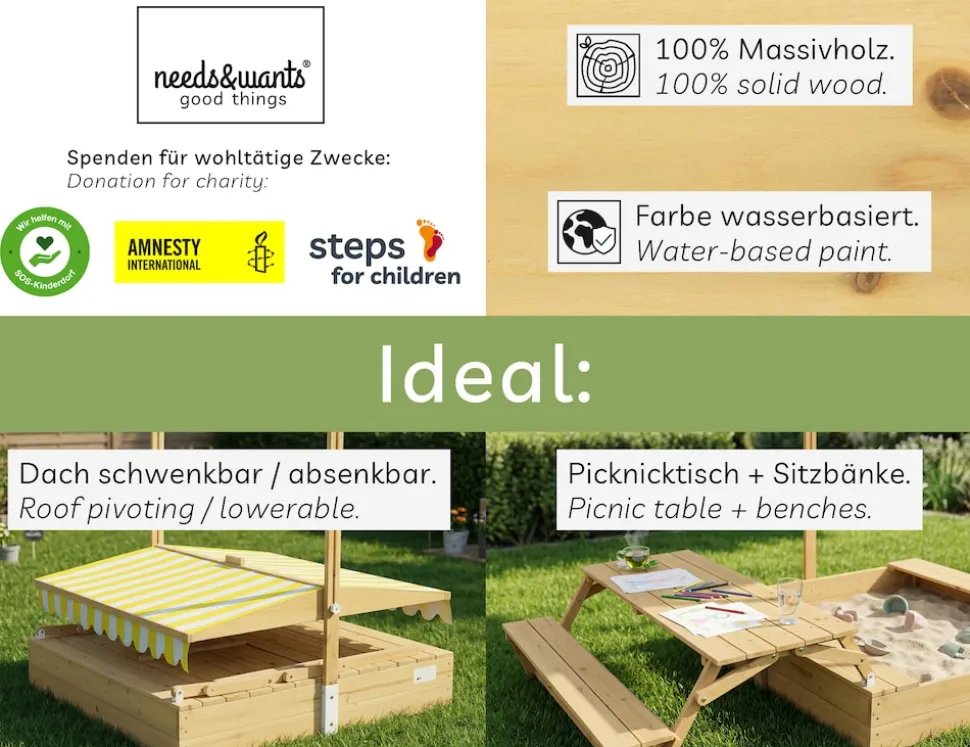needs&wants® Holz Sandkasten mit Picknicktisch und Dach, Bänken & Abdeckung, Kinder Sandkiste mit klappbarem Deckel, UV-Sonnenschutz, Sandbox quadratisch für Garten Outdoor Spielplatz, 185x110 cm, gelb weiß braun