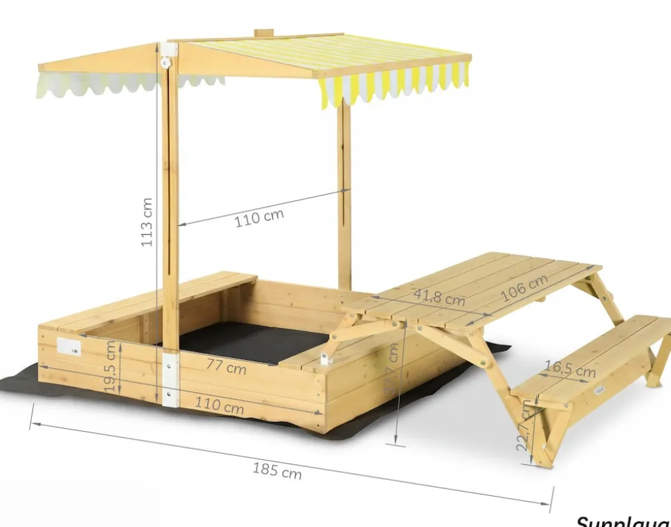 needs&wants® Holz Sandkasten mit Picknicktisch und Dach, Bänken & Abdeckung, Kinder Sandkiste mit klappbarem Deckel, UV-Sonnenschutz, Sandbox quadratisch für Garten Outdoor Spielplatz, 185x110 cm, gelb weiß braun