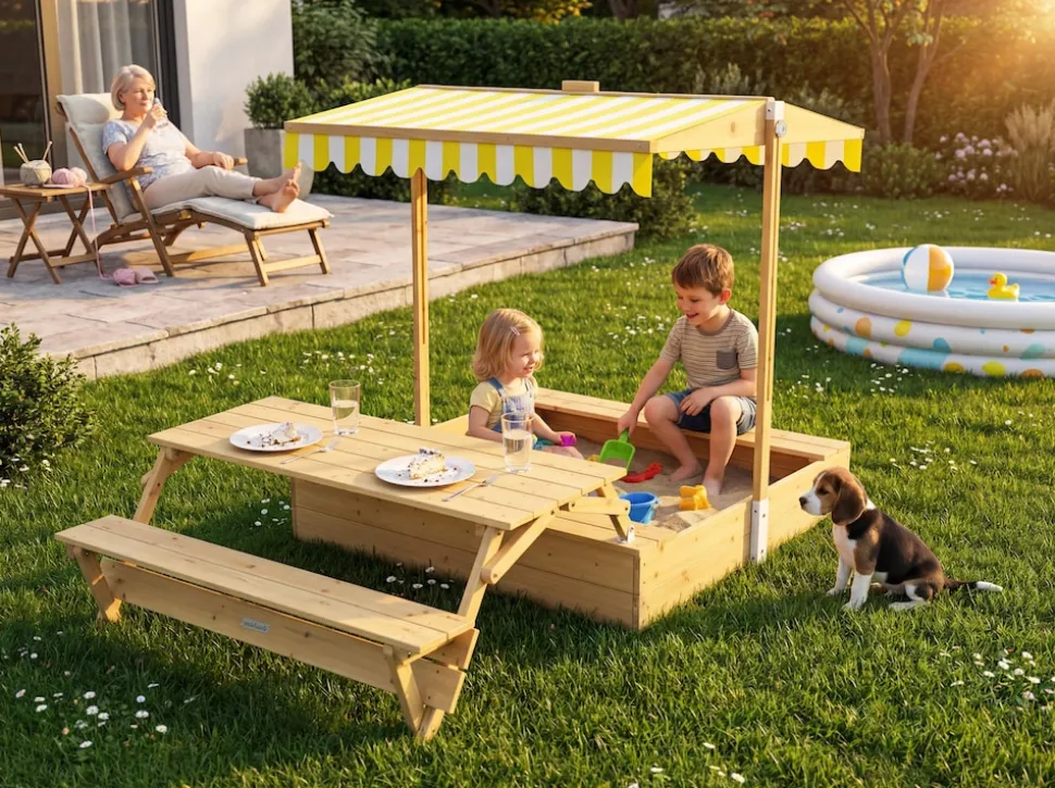needs&wants® Holz Sandkasten mit Picknicktisch und Dach, Bänken & Abdeckung, Kinder Sandkiste mit klappbarem Deckel, UV-Sonnenschutz, Sandbox quadratisch für Garten Outdoor Spielplatz, 185x110 cm, gelb weiß braun