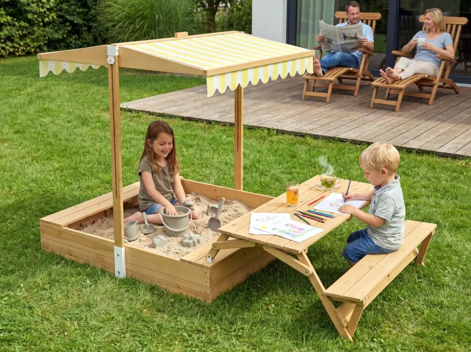 needs&wants® Holz Sandkasten mit Picknicktisch und Dach, Bänken & Abdeckung, Kinder Sandkiste mit klappbarem Deckel, UV-Sonnenschutz, Sandbox quadratisch für Garten Outdoor Spielplatz, 185x110 cm, gelb weiß braun