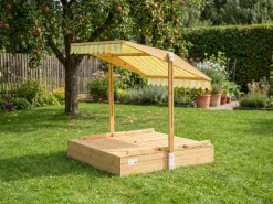 needs&wants® Holz Sandkasten mit Picknicktisch und Dach, Bänken & Abdeckung, Kinder Sandkiste mit klappbarem Deckel, UV-Sonnenschutz, Sandbox quadratisch für Garten Outdoor Spielplatz, 185x110 cm, gelb weiß braun