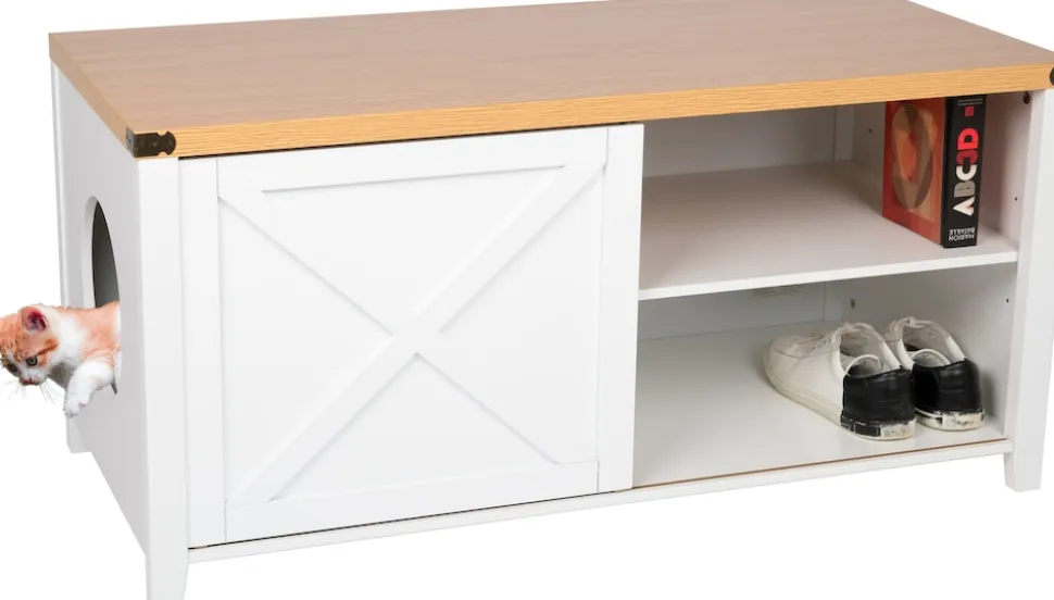 needs&wants® Katzenschrank groß für Katzentoilette XXL aus Holz mit Schuhschrank Sitzkommode, Katzenklo-Schrank Kommode, Design Katzenhaus Toilette Klo, 110 x 50 x 53 cm, weiß braun
