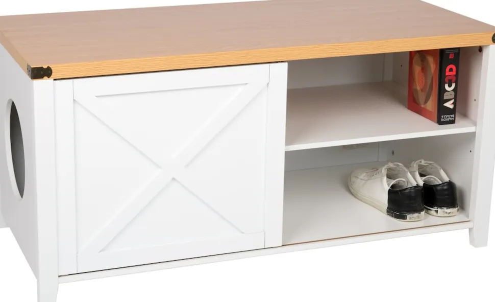 needs&wants® Katzenschrank groß für Katzentoilette XXL aus Holz mit Schuhschrank Sitzkommode, Katzenklo-Schrank Kommode, Design Katzenhaus Toilette Klo, 110 x 50 x 53 cm, weiß braun