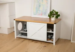 needs&wants® Katzenschrank groß für Katzentoilette XXL aus Holz mit Schuhschrank Sitzkommode, Katzenklo-Schrank Kommode, Design Katzenhaus Toilette Klo, 110 x 50 x 53 cm, weiß braun