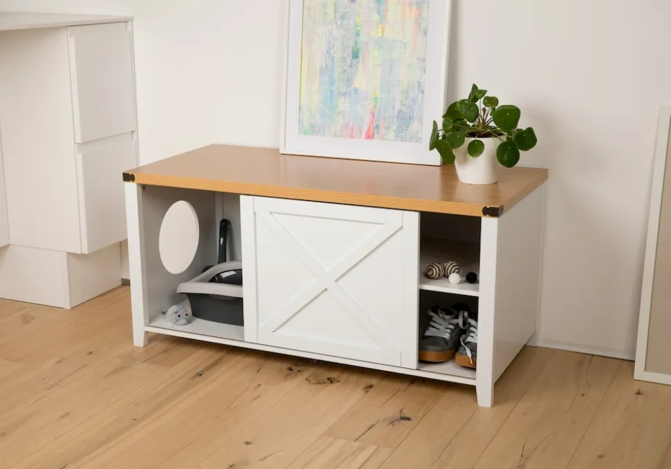 needs&wants® Katzenschrank groß für Katzentoilette XXL aus Holz mit Schuhschrank Sitzkommode, Katzenklo-Schrank Kommode, Design Katzenhaus Toilette Klo, 110 x 50 x 53 cm, weiß braun