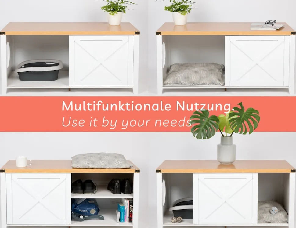 needs&wants® Katzenschrank groß für Katzentoilette XXL aus Holz mit Schuhschrank Sitzkommode, Katzenklo-Schrank Kommode, Design Katzenhaus Toilette Klo, 110 x 50 x 53 cm, weiß braun