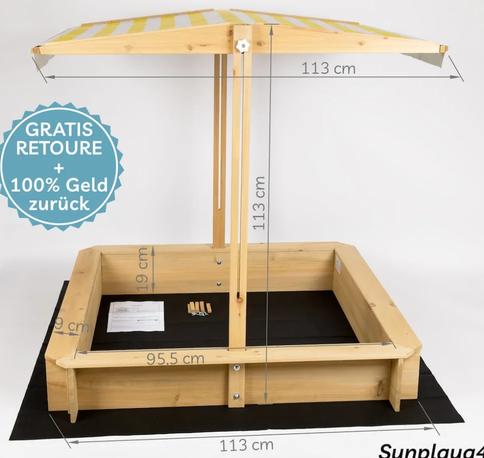 needs&wants® Sandkasten mit Dach Sitzbank und Boden Vlies-Folie, mit Abdeckung Oxford 600D, Sandkiste Holz rechteckig mit Bänken Outdoor Garten Kinder UV-Sonnenschutz, 113x113x113 cm, gelb weiß braun
