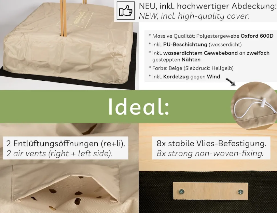 needs&wants® Sandkasten mit Dach Sitzbank und Boden Vlies-Folie, mit Abdeckung Oxford 600D, Sandkiste Holz rechteckig mit Bänken Outdoor Garten Kinder UV-Sonnenschutz, 113x113x113 cm, gelb weiß braun