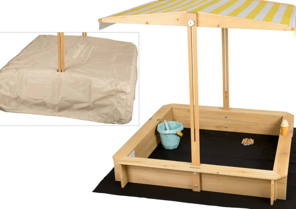 needs&wants® Sandkasten mit Dach Sitzbank und Boden Vlies-Folie, mit Abdeckung Oxford 600D, Sandkiste Holz rechteckig mit Bänken Outdoor Garten Kinder UV-Sonnenschutz, 113x113x113 cm, gelb weiß braun