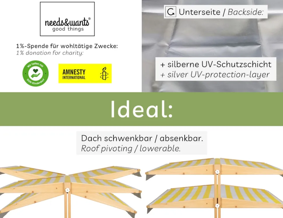 needs&wants® Sandkasten mit Dach Sitzbank und Boden Vlies-Folie, mit Abdeckung Oxford 600D, Sandkiste Holz rechteckig mit Bänken Outdoor Garten Kinder UV-Sonnenschutz, 113x113x113 cm, gelb weiß braun
