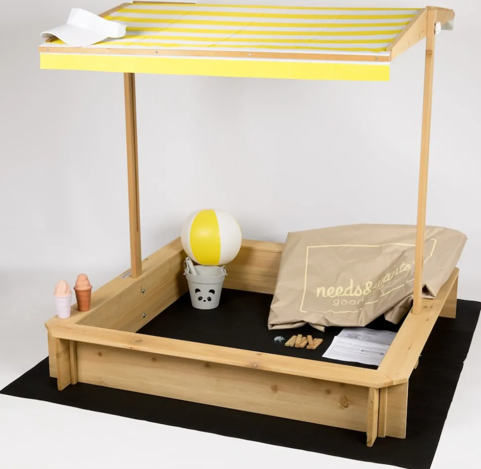needs&wants® Sandkasten mit Dach Sitzbank und Boden Vlies-Folie, mit Abdeckung Oxford 600D, Sandkiste Holz rechteckig mit Bänken Outdoor Garten Kinder UV-Sonnenschutz, 113x113x113 cm, gelb weiß braun