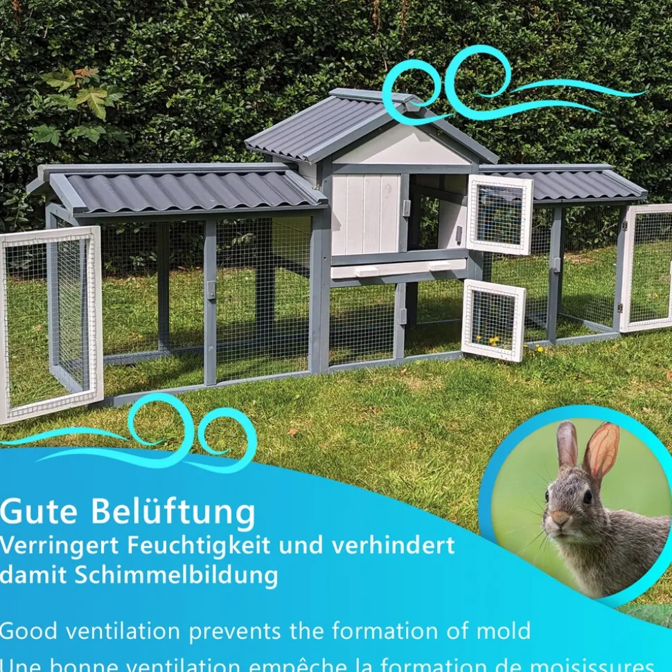 NYVI Hasenstall Picasso mit Auslauf - Grau - XXL Kleintierstall mit Gehege - PVC Dach - Winterfest & Wetterfest für Draußen