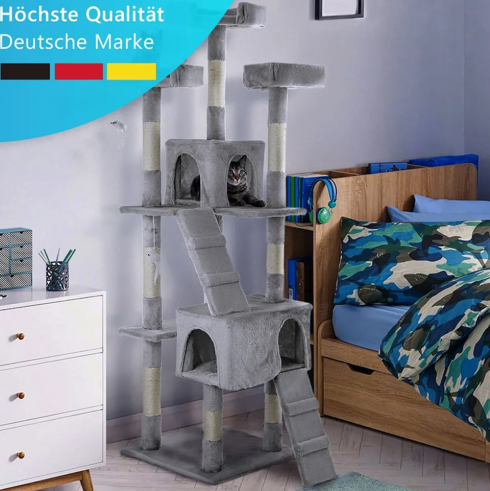 NYVI Katzen Kratzbaum Diego 170 cm Grau - Deluxe Katzenbaum mit Katzenhöhlen, 3 Plattformen und Sisal Kratzsäule