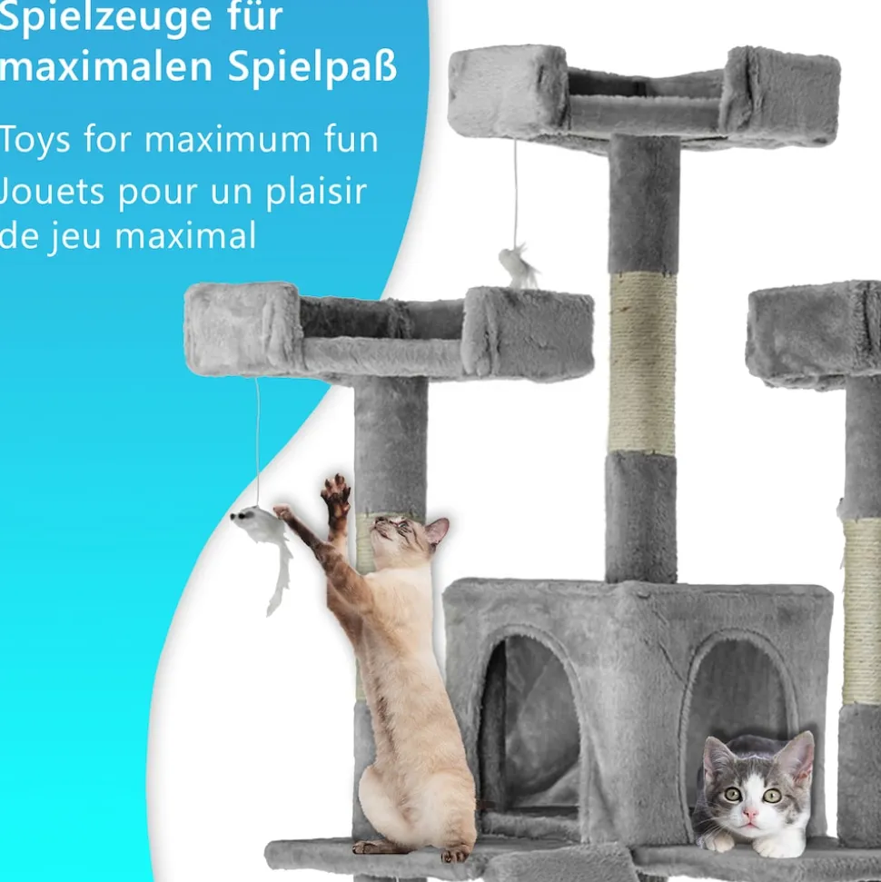 NYVI Katzen Kratzbaum Diego 170 cm Grau - Deluxe Katzenbaum mit Katzenhöhlen, 3 Plattformen und Sisal Kratzsäule