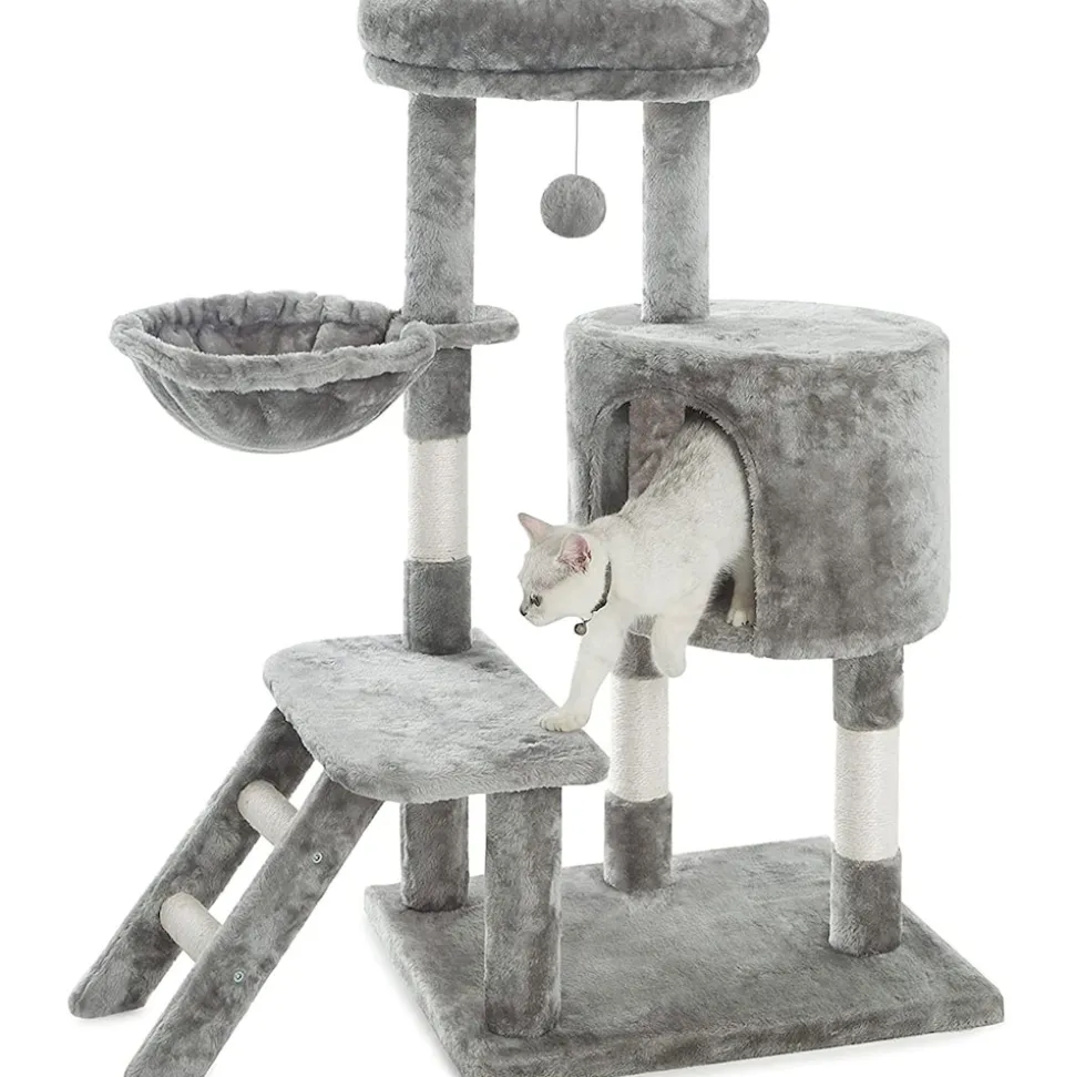 NYVI Katzen Kratzbaum Figaro 102 cm Grau - Deluxe Katzenbaum mit Katzenhöhle, Hängematte, Plattform, Katzenspielzeug und Sisal Kratzsäule