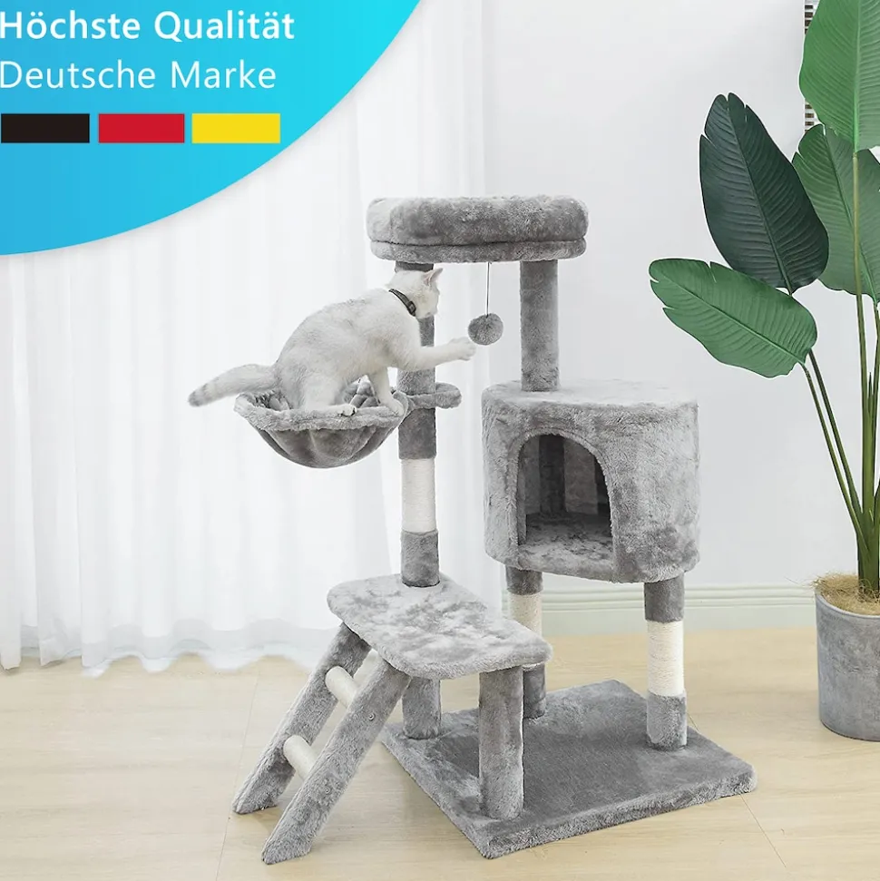 NYVI Katzen Kratzbaum Figaro 102 cm Grau - Deluxe Katzenbaum mit Katzenhöhle, Hängematte, Plattform, Katzenspielzeug und Sisal Kratzsäule