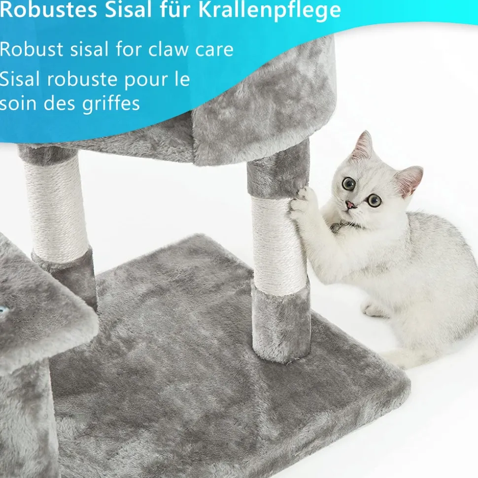 NYVI Katzen Kratzbaum Figaro 102 cm Grau - Deluxe Katzenbaum mit Katzenhöhle, Hängematte, Plattform, Katzenspielzeug und Sisal Kratzsäule
