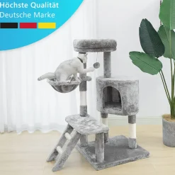 NYVI Katzen Kratzbaum Figaro 102 cm Grau - Deluxe Katzenbaum mit Katzenhöhle, Hängematte, Plattform, Katzenspielzeug und Sisal Kratzsäule