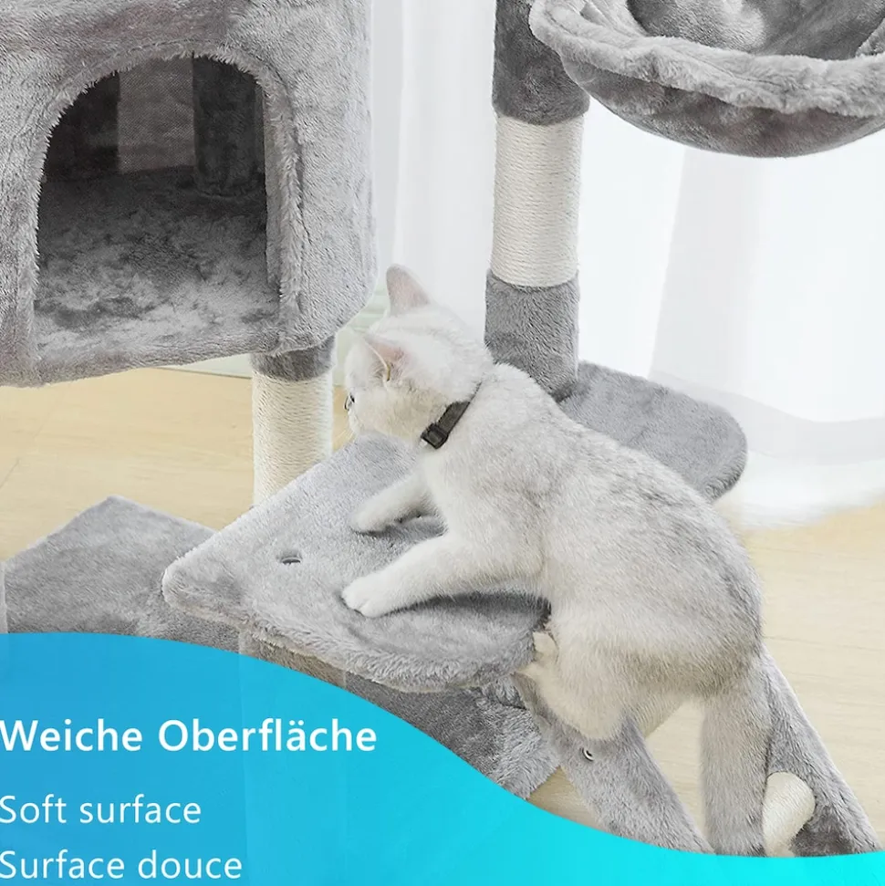 NYVI Katzen Kratzbaum Figaro 102 cm Grau - Deluxe Katzenbaum mit Katzenhöhle, Hängematte, Plattform, Katzenspielzeug und Sisal Kratzsäule