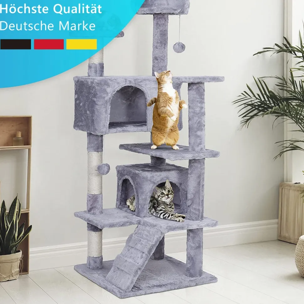 NYVI Katzen Kratzbaum Luzifer 134 cm Grau - Deluxe Katzenbaum mit Katzenhöhlen, Plattformen, Katzenspielzeug und Sisal Kratzsäule