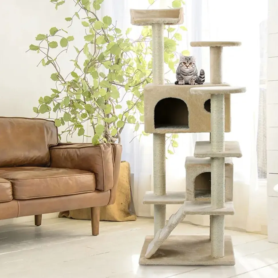 NYVI Katzen Kratzbaum Sammy 132 cm Beige - Deluxe Katzenbaum mit 2 Katzenhöhlen, 3 Plattformen und Sisal Kratzsäule