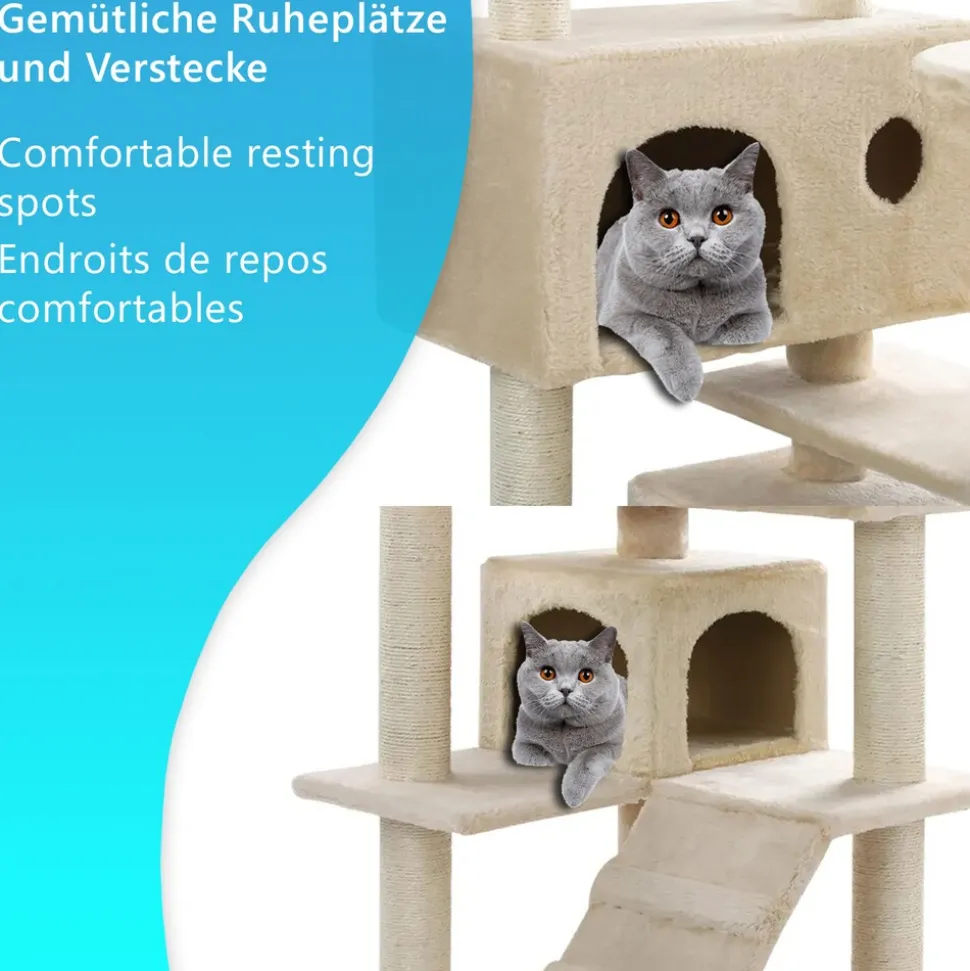 NYVI Katzen Kratzbaum Sammy 132 cm Beige - Deluxe Katzenbaum mit 2 Katzenhöhlen, 3 Plattformen und Sisal Kratzsäule