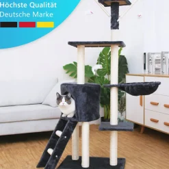 NYVI Katzen Kratzbaum Simba 142 cm Dunkelgrau - Deluxe Katzenbaum mit Katzenhöhle, Spielzeug, Plattform, Sisal Kratzsäule und Hängematte