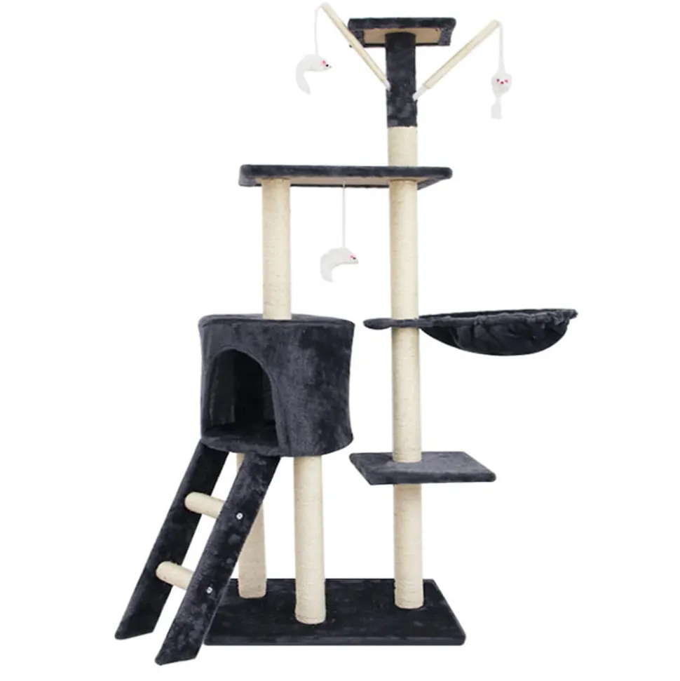 NYVI Katzen Kratzbaum Simba 142 cm Dunkelgrau - Deluxe Katzenbaum mit Katzenhöhle, Spielzeug, Plattform, Sisal Kratzsäule und Hängematte