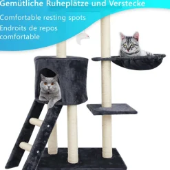 NYVI Katzen Kratzbaum Simba 142 cm Dunkelgrau - Deluxe Katzenbaum mit Katzenhöhle, Spielzeug, Plattform, Sisal Kratzsäule und Hängematte