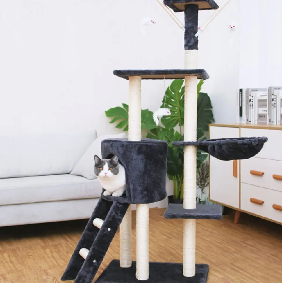NYVI Katzen Kratzbaum Simba 142 cm Dunkelgrau - Deluxe Katzenbaum mit Katzenhöhle, Spielzeug, Plattform, Sisal Kratzsäule und Hängematte