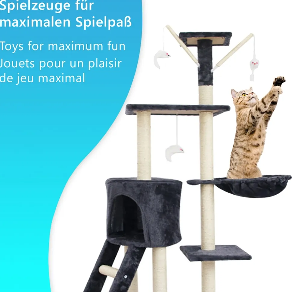 NYVI Katzen Kratzbaum Simba 142 cm Dunkelgrau - Deluxe Katzenbaum mit Katzenhöhle, Spielzeug, Plattform, Sisal Kratzsäule und Hängematte